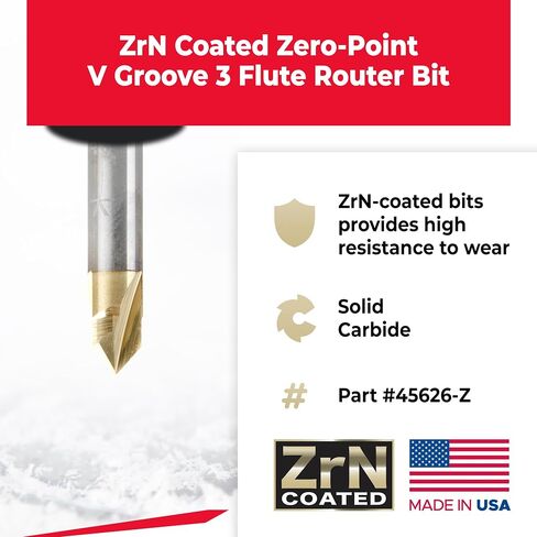 Amana Tool 45615 Zero-Point Solid Carbide V Groove 60 Deg x 1/4 D x 3/4 CH x 1/4 Inch SHK ZrN Coated Router Bit in Saudi Arabia