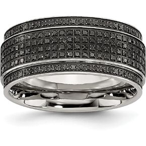 Avariah Chisel Stainless Steel Polished 1/2 Carat Black Diamond 10mm Ridged Edge Band - Ring Size 9.5