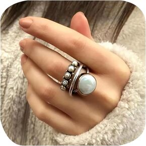 Unique Vintage 10 mm Simulated Pearl Ring for Women Fake 3-Piece Ring Set 3 Layer Interlocked Ring Entwined Line with Stacking Rings Wedding Band Statement Cocktail Index Finger Rings 8#