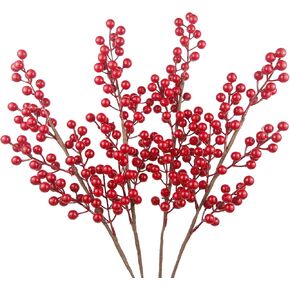 CISDUEO 4 Pcs Artificial Red Berry Stems Artificial Long Berry Stems Christmas Red Berries Holly Berry Branches Fake Burgundy Berry Picks for Holiday Arrangements Christmas Tree Home DIY Winter Decor