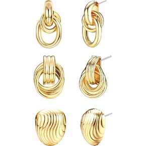 FIBO STEEL 18K Gold Plated Gold Earrings for Women Chunky Gold Earrings Statement Twisted Link Knot Bow Hear Geometric Drop Dangle Earrings Set Trendy Jewelry Gift 3 Pairs