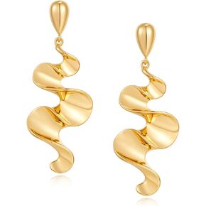 Twist Long Dangle Earrings for Women Chunky Irregular Abstract Gold Plated Geometric Earrings Bold Statement Teardrop Liquid Asymmetrical Drop Earrings