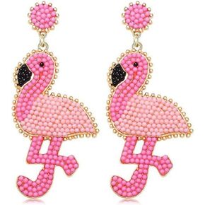 Pink Beaded Flamingo Earrings Handmade Boho Flamingo Earrings Pink Animal Flamingo Statement Drop Dangle Earrings For Women