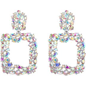 Rhinestone Crystal Geometric Earrings for Women, Statement Square Drop Dangle Chandelier Costume Jewelry
