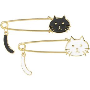 2 Pcs Cute Cat Brooch Black White Cat Brooch Pin Cat Safety Pin Ketty Lapel Pin for Women Men Girls Halloween Jewelry Gifts