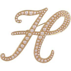 Gold Initial A-Z Brooch Pin White Pearl Beaded 26 Letter Lapel Pin Capital Letter Breastpin for Women Men Dress Suit Sweater Accessories Fall Winter Fashion Jewelry