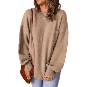 Women's Oversized Crewneck Pocket Pullover Sweaters Fall 2024 Dressy Casual Cozy Lightweight Ribbed Knit Tunic Top