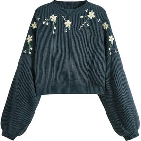GORGLITTER Women's Embroidered Flower Sweater Lantern Sleeve Crewneck Pullover Knit Sweater