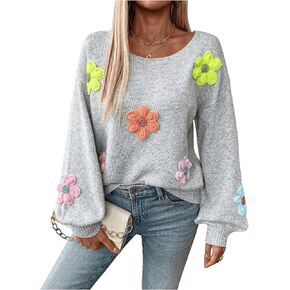 MakeMeChic Women's Floral Embroidery Scoop Neck Long Sleeve Drop Shoulder Sweater Knit Tops