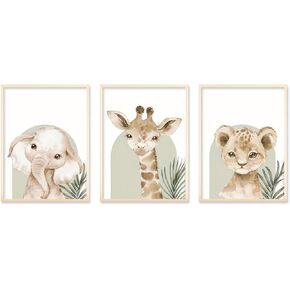 HNNXAR Nursery Poster Wall Art Set Of 3 Baby Boy Girls Kids Room Picture Wall Decor Jungle Safari Lion Elephant Giraffe Canvas Painting Cute Animal Prints For Children Toddlers Bedroom 12x16 Unframed
