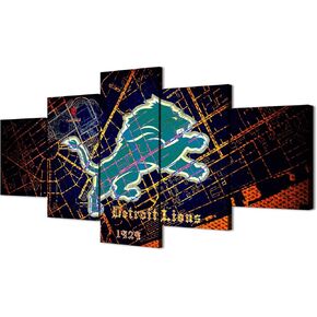 (60X100CM/5PCS) Frame Canvas Print Poster - American football Detroit Field Stadium with Neon Lions badge - Original Black and White Sports Wall Art for Home and Office Decor