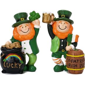 Valery Madelyn St Patricks Day Leprechaun Figurine Home Decor, 2Pcs Irish Luckly Tiered Tray Decor With Clover, Large Green Resin Gnome Saint Patricks Day Gift Decoration For Table Centerpiece, 5 Inch