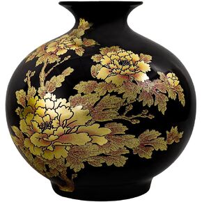 ECYC Tabletop Ceramic Vase Handmade Shining Pastel Peony Flower Vases Black Porcelain Crystal Glaze Flower Vases Home Decoration Vase