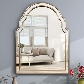 SHYFOY Gold Mirror for Wall, 23.6" X 31.5" Arched, Decorative Wall Mirrors for Living Room Decor, Large Vintage Mantel Mirror, Big Scalloped Mirror