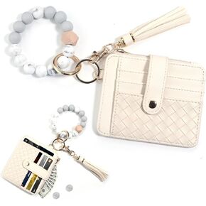Wristlet Keychain Bracelet with Card Cases Pocket Wallet Credit Card Holder Purse Tassel Keychain for Women