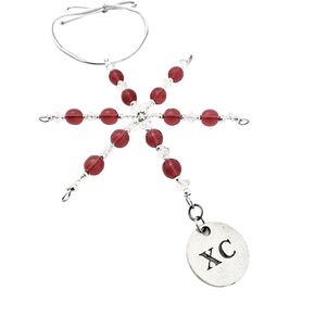XC Ornament - Beaded Snowflake XC Cross Country Christmas Ornament/Gift Tag with Round Pewter XC Charm with Jewelry Box - Handmade with Red Vintage Beads