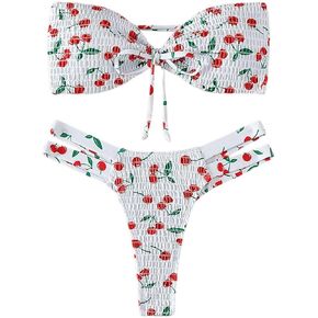 GORGLITTER Women's Strapless Smocked Bandeau Bikini Set High Cut Thong Cherry Print Cut Out Swimsuits Bathing Suit