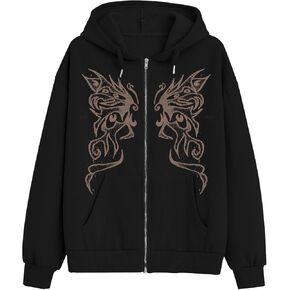 Women Zip Up Hoodie Y2k Angel Graphic Vintage Hooded Sweatshirt Aesthetic Jacket Pullover Coats Harajuku Streetwear
