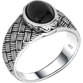 Natural Black Onyx Ring in Solid Genuine Sterling Silver with 925 Stamp Handmade Braided Knotted Design Ring with Oval Cabochon Stone, 925 Sterling Silver Black Onyx Statement Ring for Men