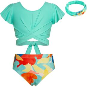 GRACE KARIN Girls Swimsuit 3 Piece Bathing Suit Tween Girls Criss Corss Tankini Bikini Floral Beach Swimwear Size 6-14Y