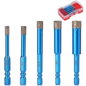 Diamond Drill Bits Set,5pcs Tile Hole Saw,Diamond Hole Saw Size(3/16",1/4", 5/16" 3/8", 1/2"),1/4 Inch Hex Shank for Glass,Ceramic,Porcelain,Tiles,Marble Brick,Granite,Quartz Pots,Acrylic