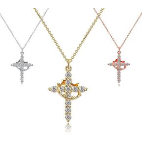 3 Pack Crown Cross Pendant Necklace for Women - Dainty Cubic Zirconia Pendant, Waterproof Non Tarnish Faith Jewelry in Gold, Silver, and Rosegold