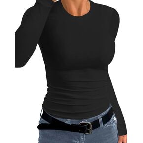 Sinono Fall Women's Scoop Neck Long Sleeve Shirts Ribbed Slim Fitted Casual Basic Top Blouses