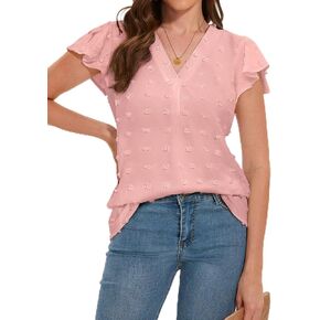 Women Summer Blouse Ruffle Short Sleeve V Neck Swiss Dot Dressy Casual Flowy Top Shirt