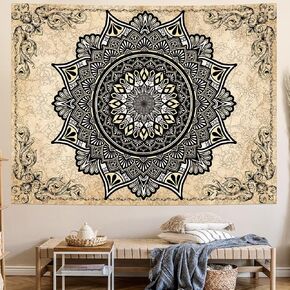 Serborlur Mandala Tapestry Wall Hanging Bohemian Indian Hippie Tapestry Black Golden Mandala Wall Tapestry Boho Flower Tapestry Vintage Aesthetic Tapestry for Bedroom Living Room