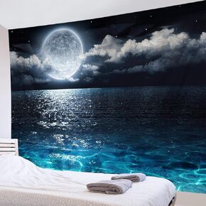HVEST Ocean Tapestry Wall Hanging Blue Sea Night Sky Natural Scenery Tapestry Moon Over the Ocean Hippie Art Large Tapestries for Living Room Bedroom Teen Dorm Party Indie Decor,80X60 Inchs