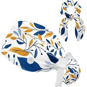 Blue Aesthetic Leaves Scrub Caps Surgical Women with Button Adjustable Hats Surgical Caps with Scrunchie for Women