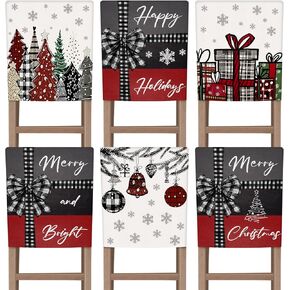 Shellwei 6 Pcs Christmas Chair Covers 18.1 x 21.7 Inches Christmas Trees Snowflake Gift Box Print Decorative Merry Christmas Seat Covers Dining Slipcovers for Xmas Party Kitchen Wedding Party Decor