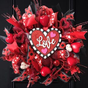 18 Inch Valentine’s Day Mesh Wreath for Front Door Artificial Red Rose Heart Wreath Spring/Summer Decoration Wreath with Love Board for Home Wedding Anniversary Indoor Outdoor Decor