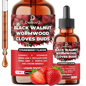 11in1 Black Walnut Liquid Drops with Wormwood Extract, Cloves, Vitamin C, Vitamin D3 and 6 More - 2 OZ FL - 60 Days - Strawberry Flavor