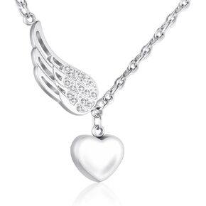 XIUDA Heart Urn Necklace for Ashes with Angel Wing Crystal Cremation Jewelry for Ashes Stainless Steel Memorial Ash Necklace for Women Ash Holder