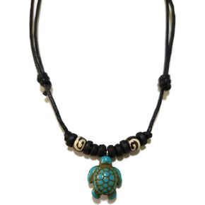 Sea Turtle Lucky Turquoise Color Pendant with Black Adjustable Cord Necklace for Boho Unisex Jewelry N-105