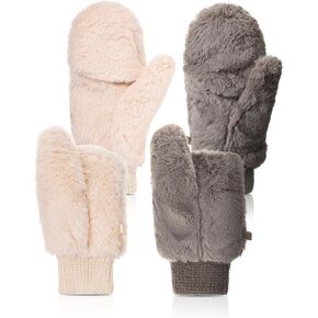 SATINIOR Faux Fur Mittens Fingerless Gloves Convertible Gloves Fluffy Winter Warm Soft Half Finger Fuzzy Mittens for Women