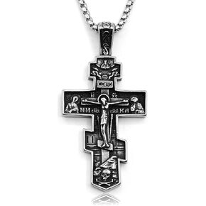 Orthodox Cross Necklace for Men Women - Vintage Byzantine Crucifix Pendant, Stainless Steel Religious Christian Jewelry