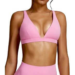 FEOYA Women Deep V Neck Sports Bra Wireless Yoga Workout Bra Low Impact Padded Bralette Crop Top
