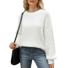 Women Sweater Waffle Ribbed Knit Tops Plus Sized Crewneck Casual Loose Pullover(S-XL)