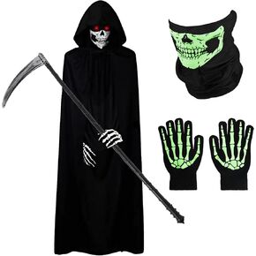 Xplanet Grim Reaper Costume Horror Death Robe Halloween Reaper Costume Set -Hoodie Robe,Skull Mask,Glove,Scythe Included
