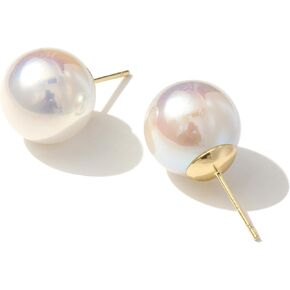 ZLP 14K Gold Plated Sterling Silver Stud Big Pearl Earrings for Women - 14/12/10mm Classic Round Strong Light Simulated Shell Pearl Earrings
