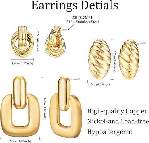 FIBO STEEL 18K Gold Plated Gold Earrings for Women Chunky Gold Earrings Statement Twisted Link Knot Bow Hear Geometric Drop Dangle Earrings Set Trendy Jewelry Gift 3 Pairs in Saudi Arabia