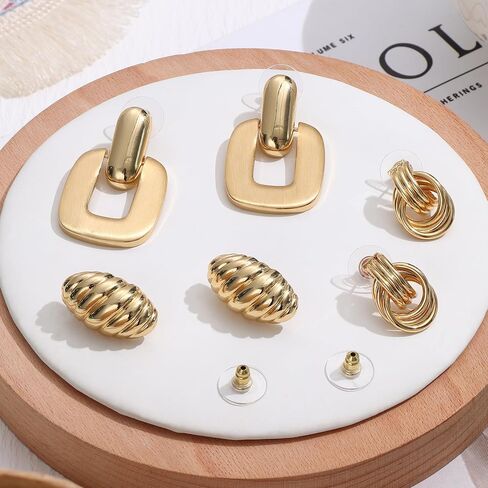 FIBO STEEL 18K Gold Plated Gold Earrings for Women Chunky Gold Earrings Statement Twisted Link Knot Bow Hear Geometric Drop Dangle Earrings Set Trendy Jewelry Gift 3 Pairs in Saudi Arabia