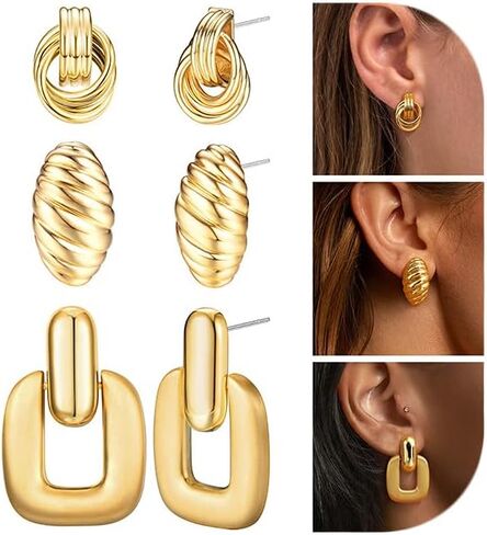 FIBO STEEL 18K Gold Plated Gold Earrings for Women Chunky Gold Earrings Statement Twisted Link Knot Bow Hear Geometric Drop Dangle Earrings Set Trendy Jewelry Gift 3 Pairs in Saudi Arabia