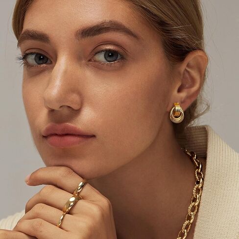 FIBO STEEL 18K Gold Plated Gold Earrings for Women Chunky Gold Earrings Statement Twisted Link Knot Bow Hear Geometric Drop Dangle Earrings Set Trendy Jewelry Gift 3 Pairs in Saudi Arabia