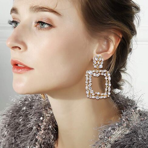 Rhinestone Crystal Geometric Earrings for Women, Statement Square Drop Dangle Chandelier Costume Jewelry in Saudi Arabia