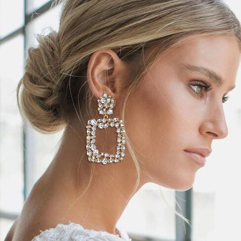 Rhinestone Crystal Geometric Earrings for Women, Statement Square Drop Dangle Chandelier Costume Jewelry in Saudi Arabia