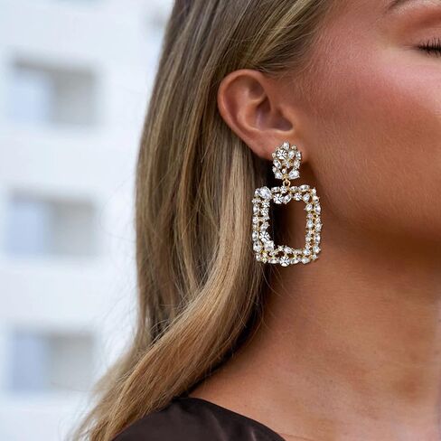 Rhinestone Crystal Geometric Earrings for Women, Statement Square Drop Dangle Chandelier Costume Jewelry in Saudi Arabia