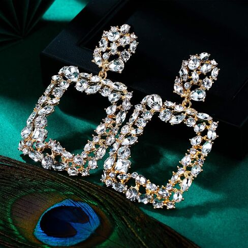 Rhinestone Crystal Geometric Earrings for Women, Statement Square Drop Dangle Chandelier Costume Jewelry in Saudi Arabia